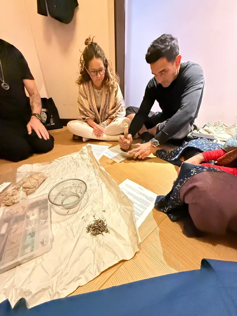 Grind the mugwort leaves in a mortar.
